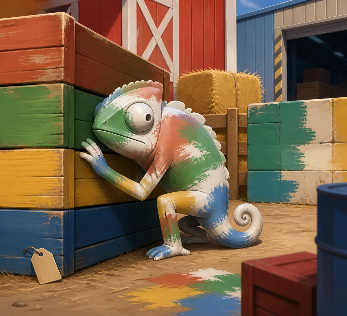 Illustrative concept art of a painted chameleon character hiding beside colorful crates