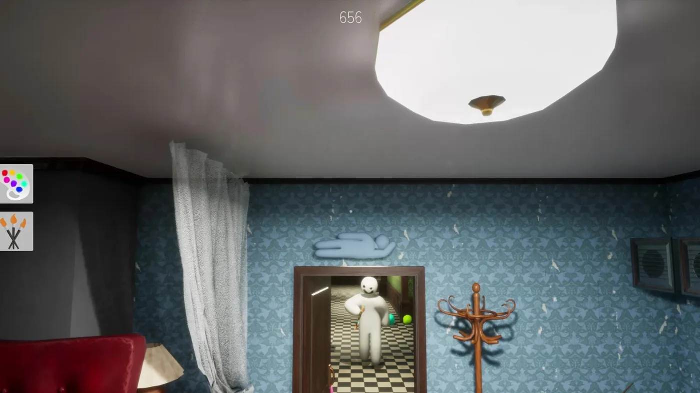 Official MECCHA CHAMELEON gameplay screenshot showing a blank character and the paint tools inside a room