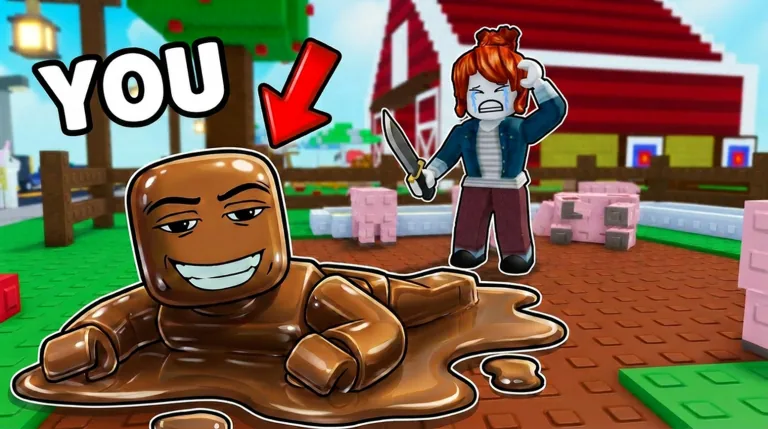 Roblox Paint And SEEK gameplay thumbnail showing a painted player blending into a colorful map