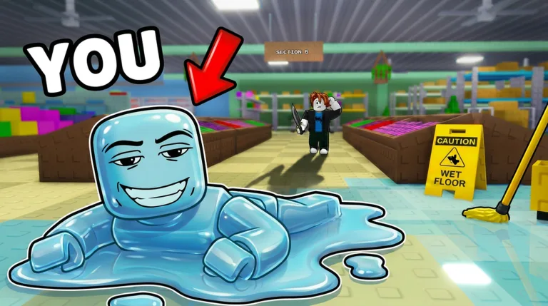 Paint And SEEK Roblox thumbnail showing a blue painted hiding spot in a bright store-like map