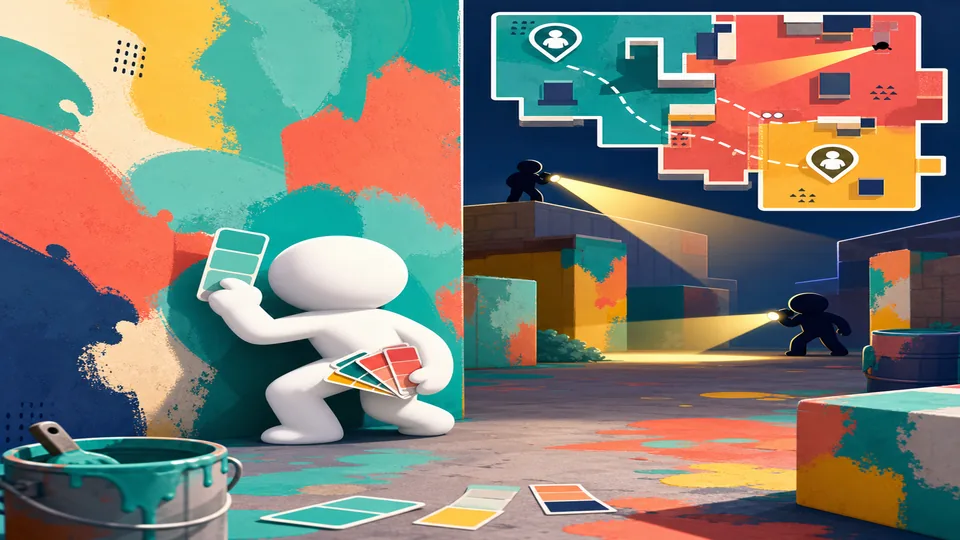 Paint Hide and Seek strategy illustration with camouflage colors and seeker spotlight paths